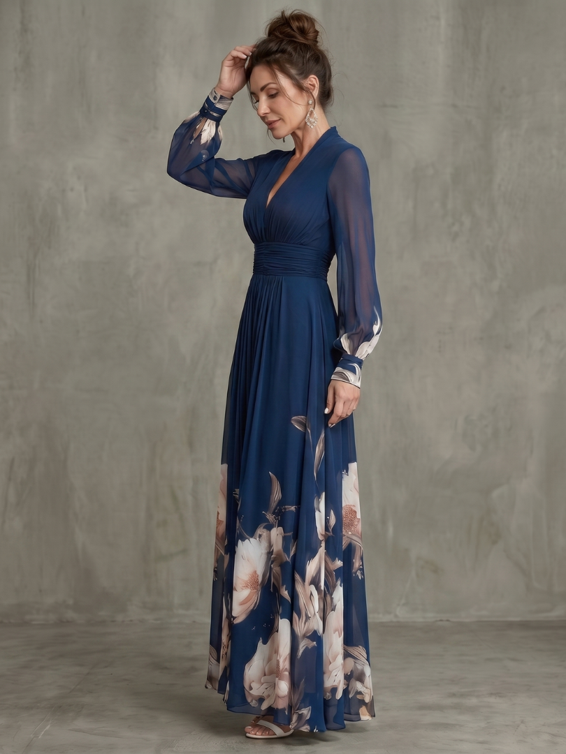 Maude | Autumn Dress with Floral Border and Sheer Sleeves