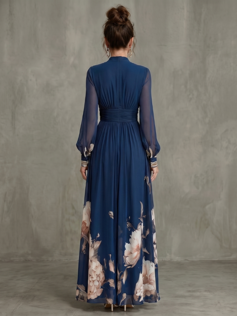 Maude | Autumn Dress with Floral Border and Sheer Sleeves