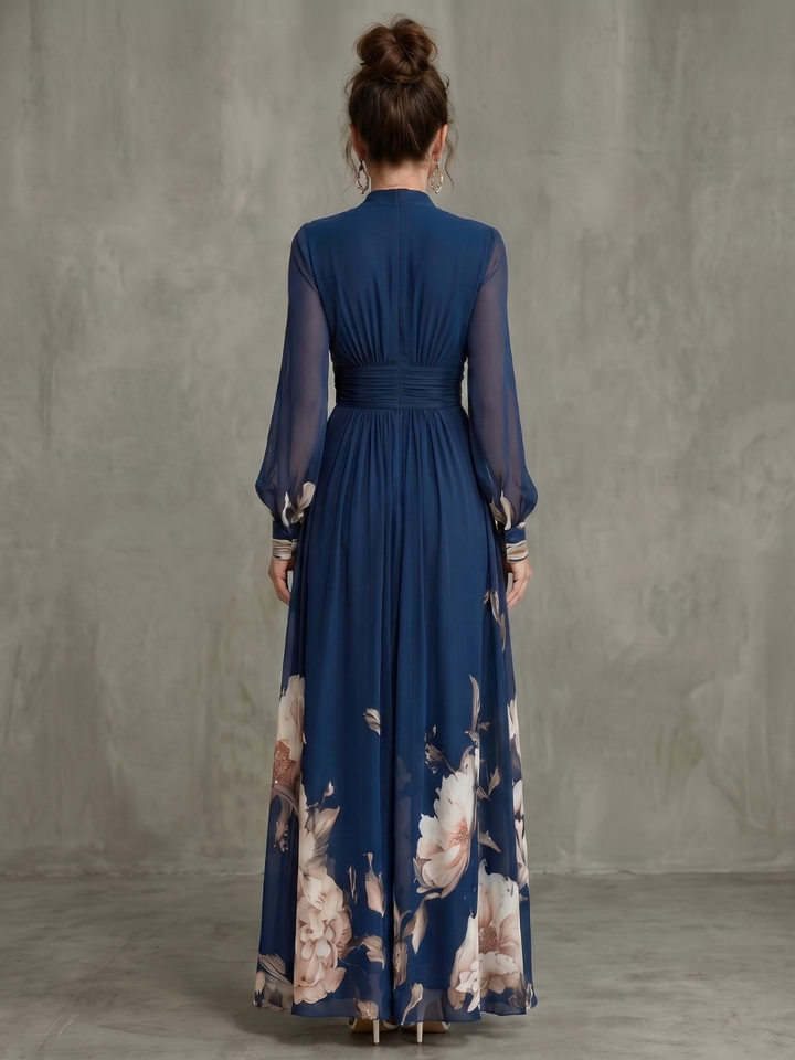 Maude | Autumn Dress with Floral Border and Sheer Sleeves