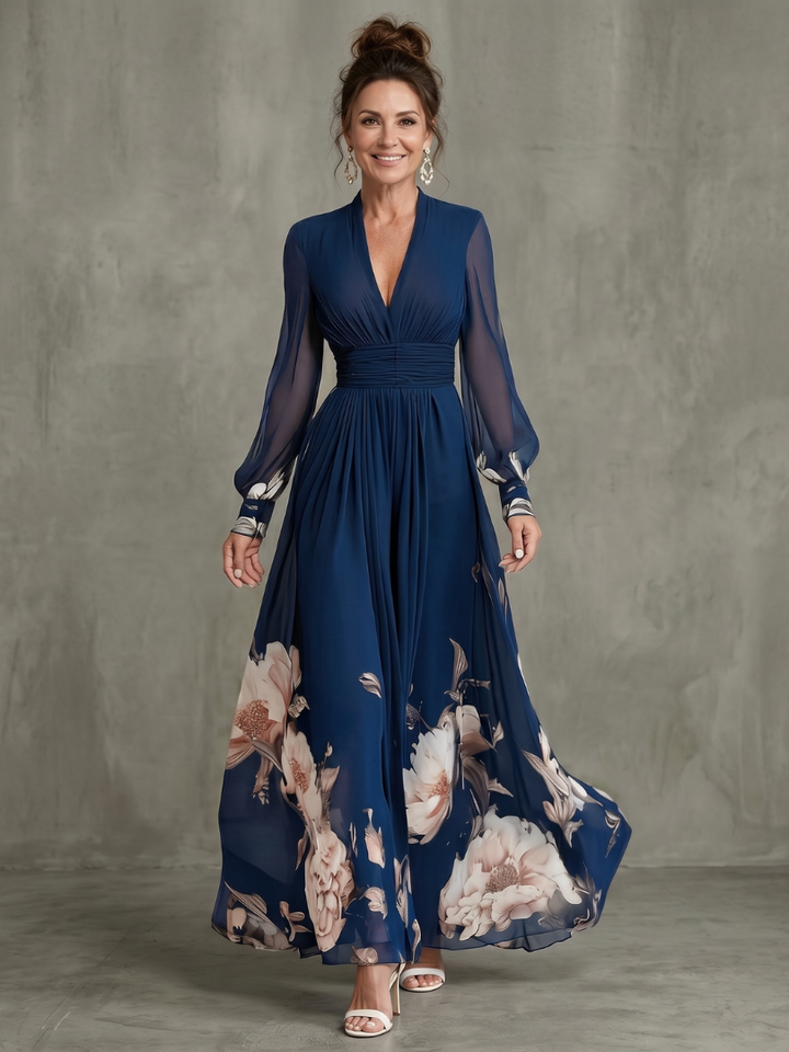 Maude | Autumn Dress with Floral Border and Sheer Sleeves