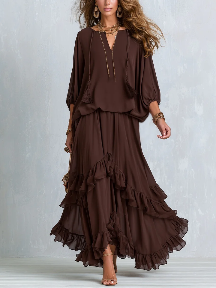 Ondine | Brown Fringed Chiffon Top and Ruffled Skirt Set