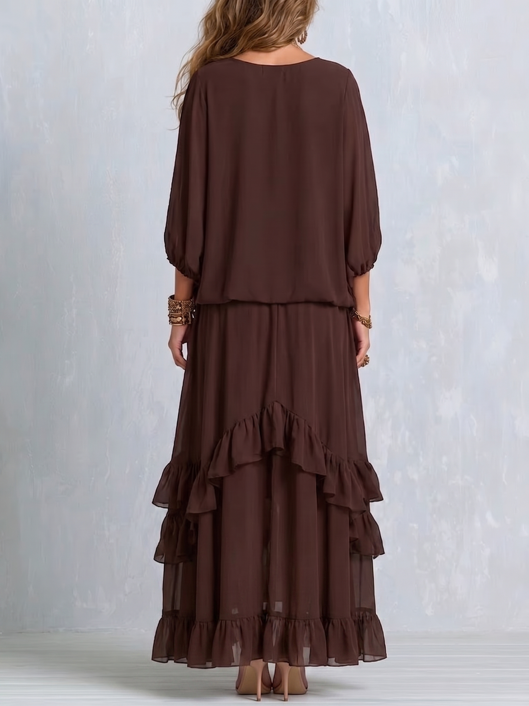 Ondine | Brown Fringed Chiffon Top and Ruffled Skirt Set