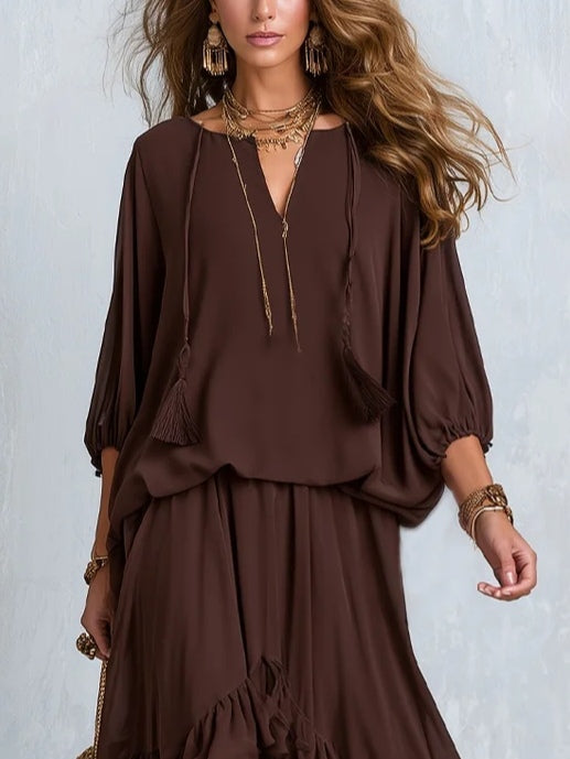 Ondine | Brown Fringed Chiffon Top and Ruffled Skirt Set