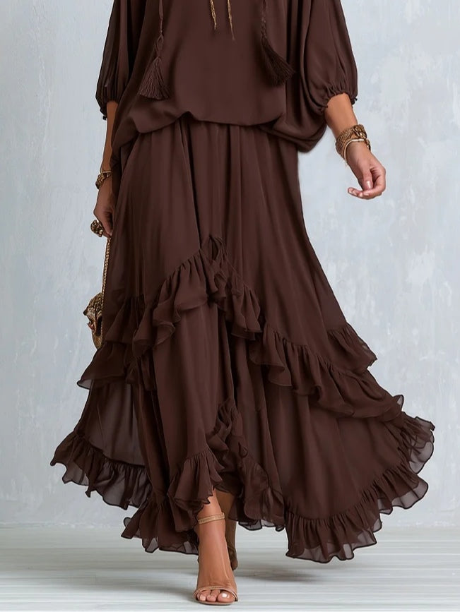 Ondine | Brown Fringed Chiffon Top and Ruffled Skirt Set