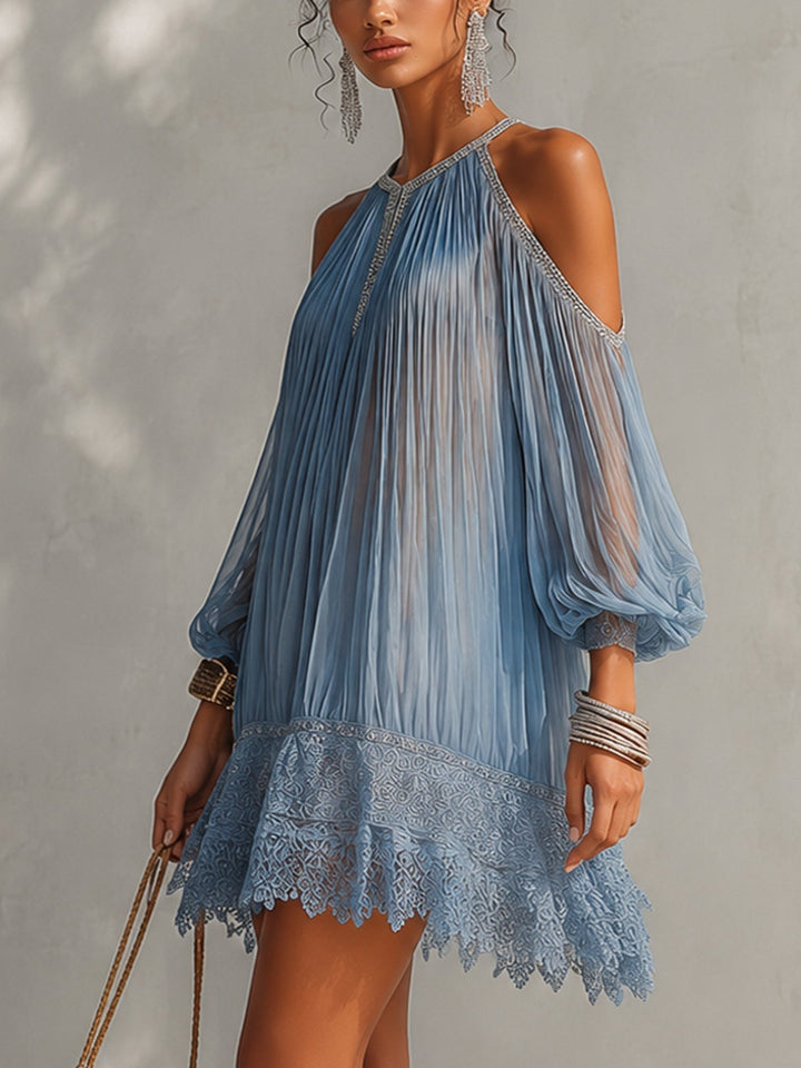 Séraphine | Blue Off-the-Shoulder Mini Dress with Lace Hem