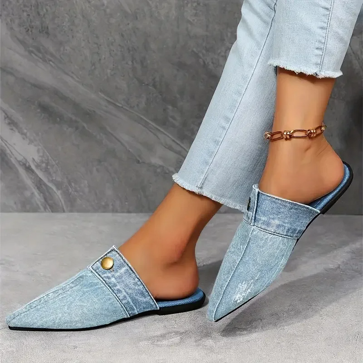 Élise Pointed-Toe Denim-Effect Mules