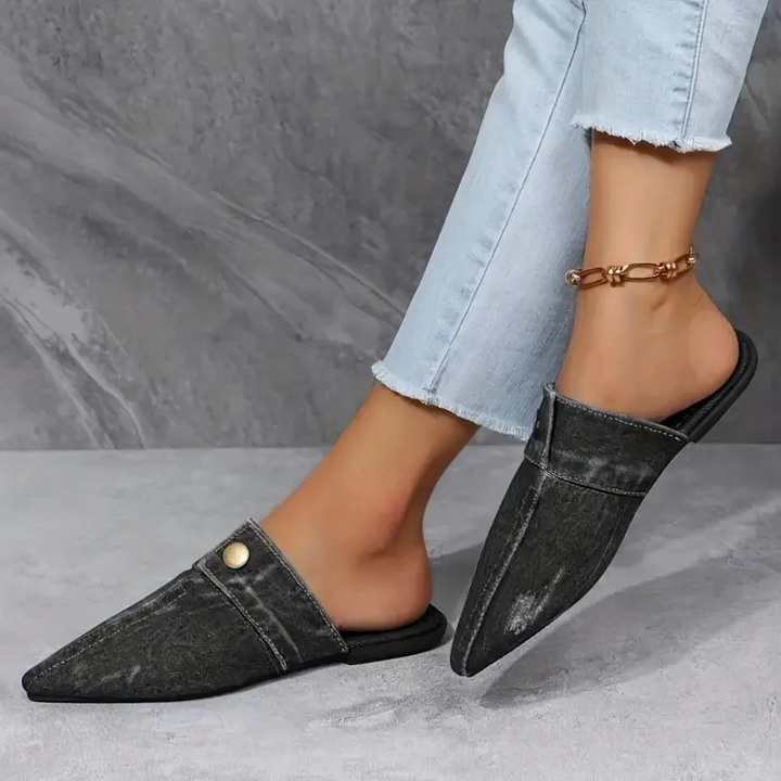 Élise Pointed-Toe Denim-Effect Mules