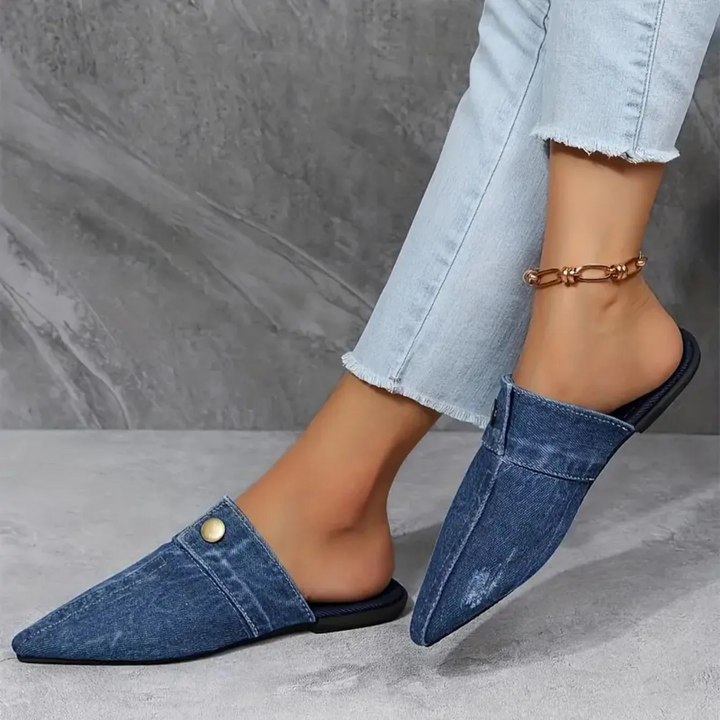 Élise Pointed-Toe Denim-Effect Mules