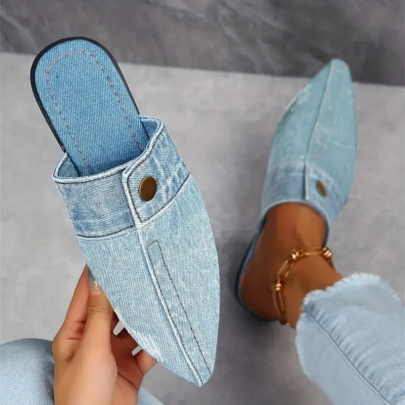 Élise Pointed-Toe Denim-Effect Mules