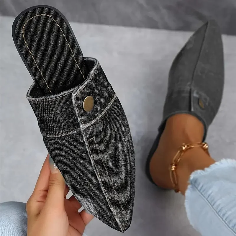 Élise Pointed-Toe Denim-Effect Mules