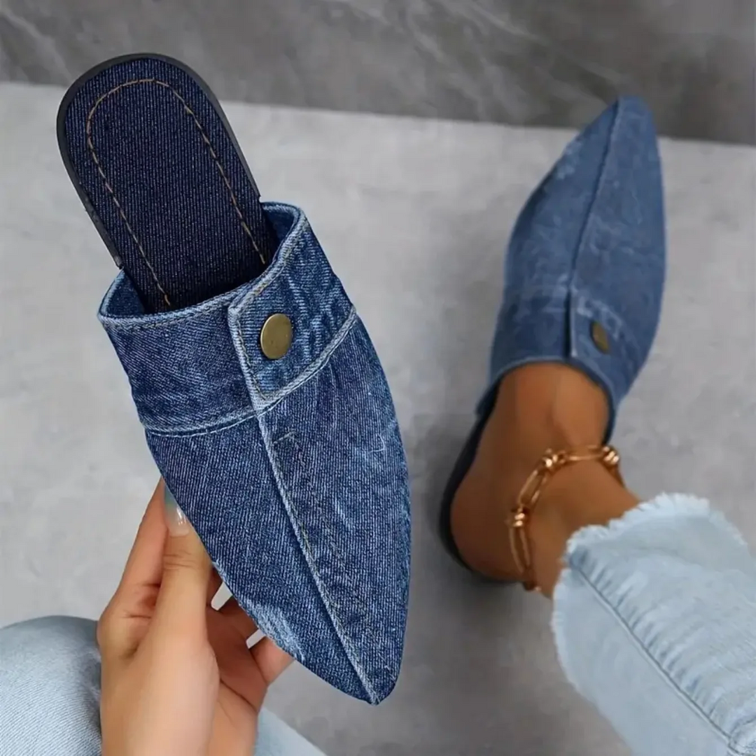 Élise Pointed-Toe Denim-Effect Mules